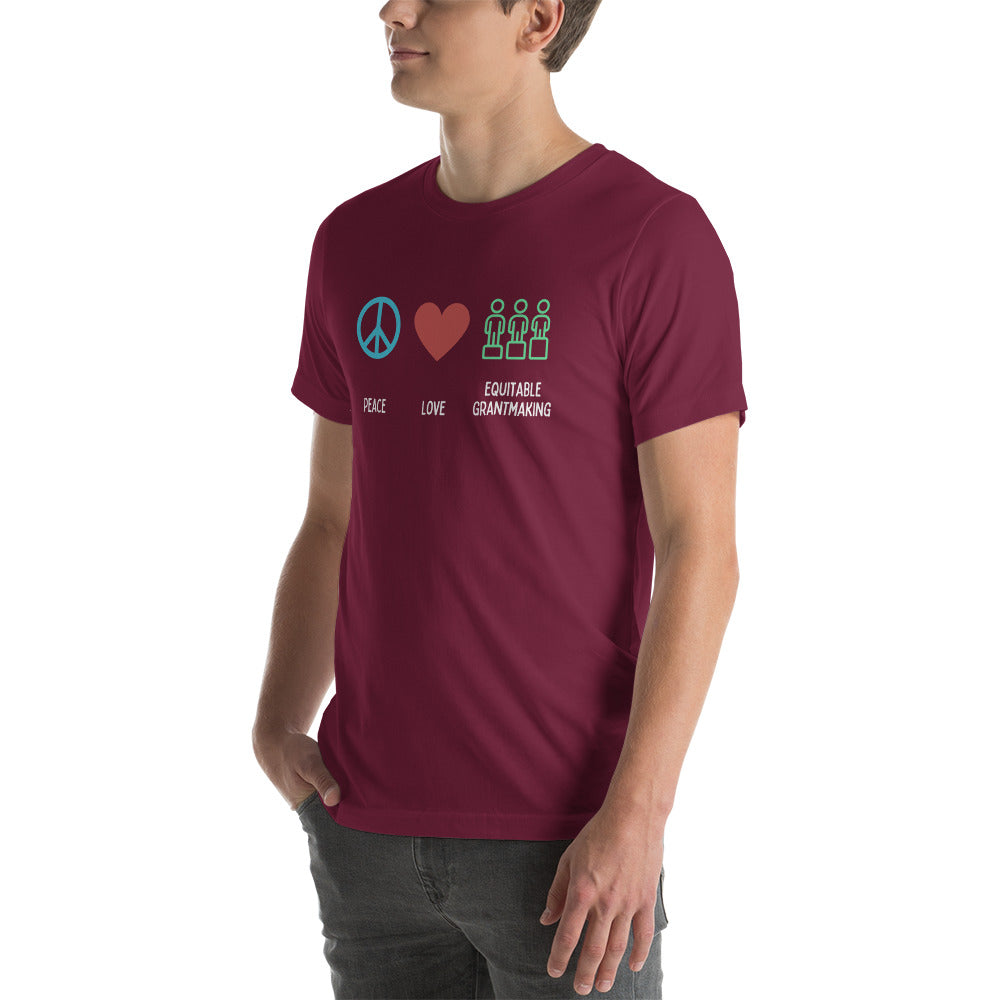 Peace, Love & Equitable Grantmaking - Dark Unisex t-shirt-recalciGrant